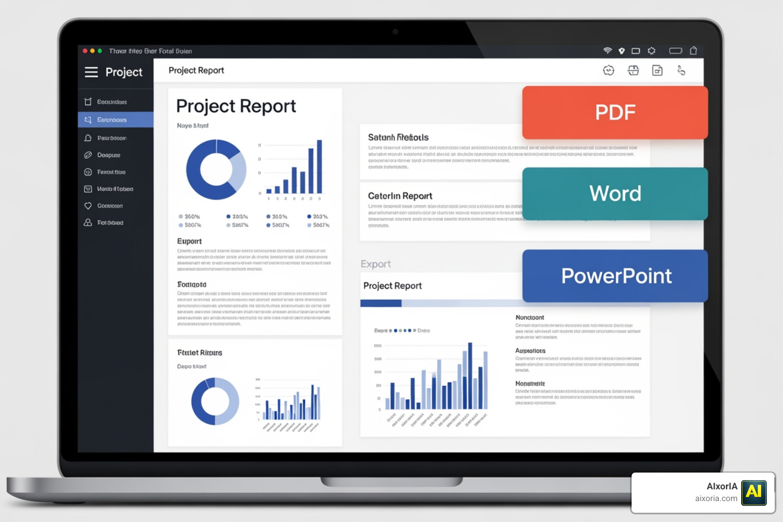 Multi-format export options including PDF, Word, and PPT