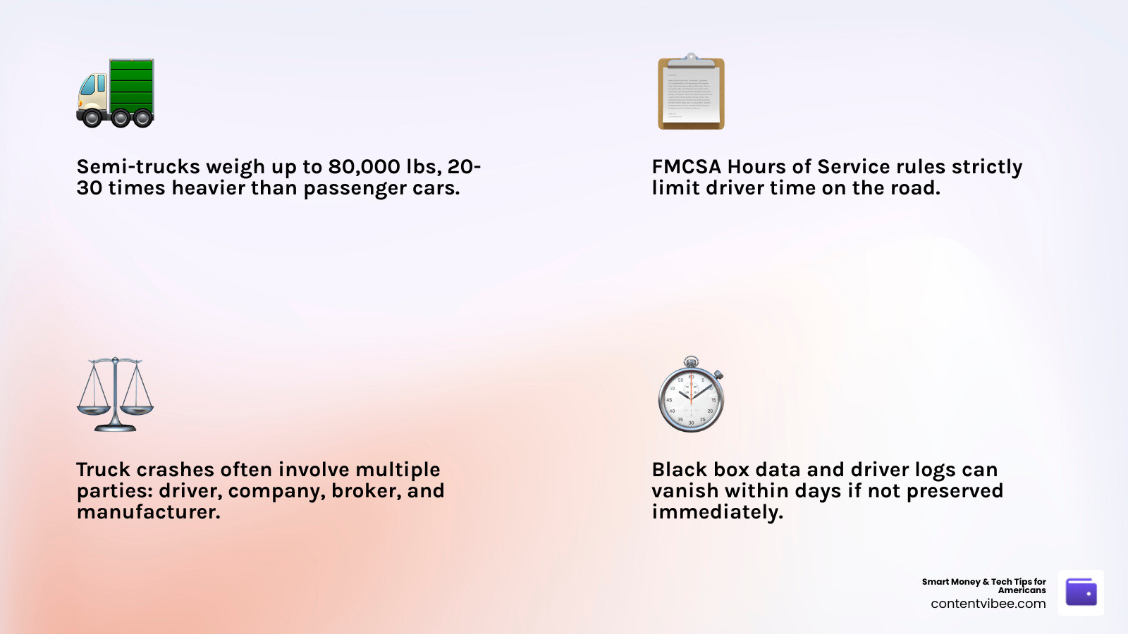 Key differences between passenger vehicle and commercial truck accidents infographic infographic