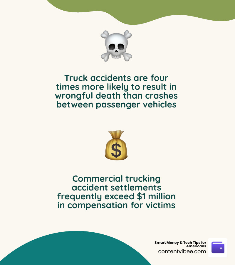 Infographic showing 2026 truck vs passenger vehicle fatalities, catastrophic injuries, legal complexity, and wrongful death