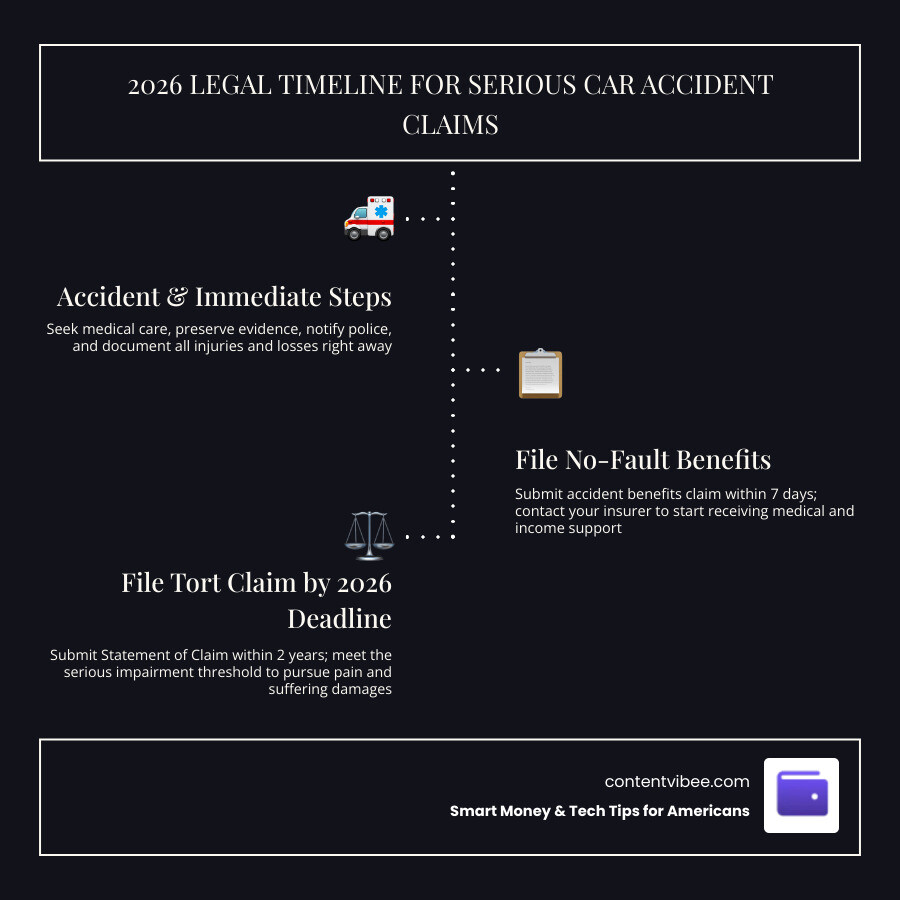 Infographic: 2026 legal timeline for serious car accident claims in Ontario — key steps from accident to settlement