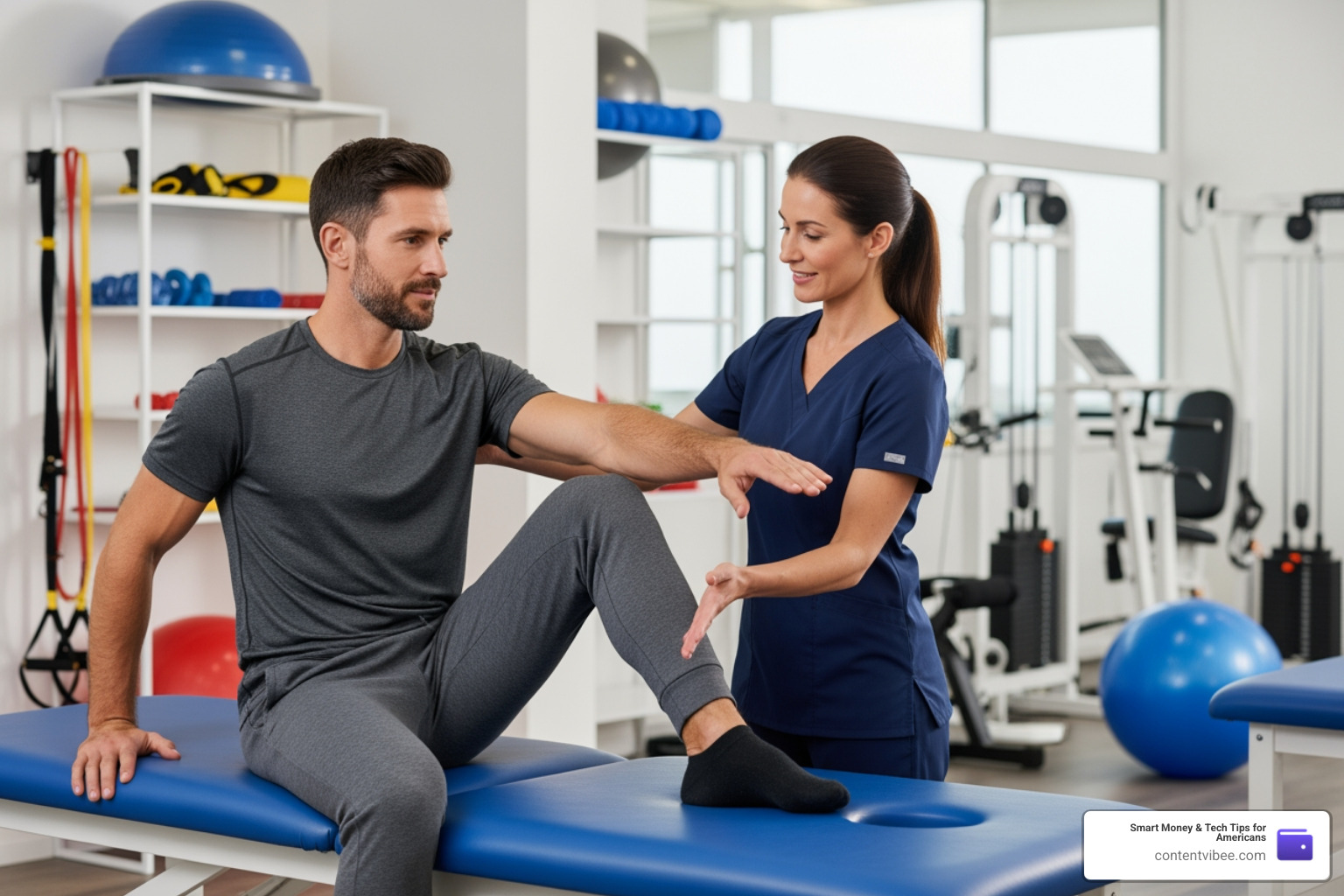 Medical rehabilitation session showing a patient working with a therapist after a serious crash