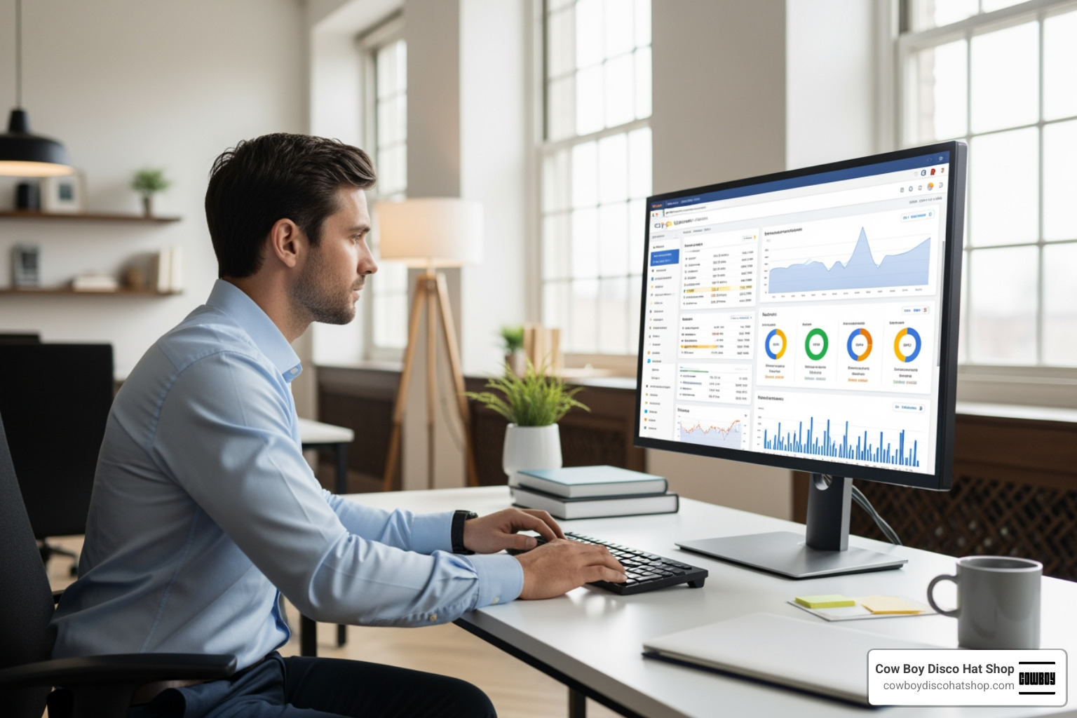 SEO professional in a bright office analyzing Google Search Console data on a large monitor