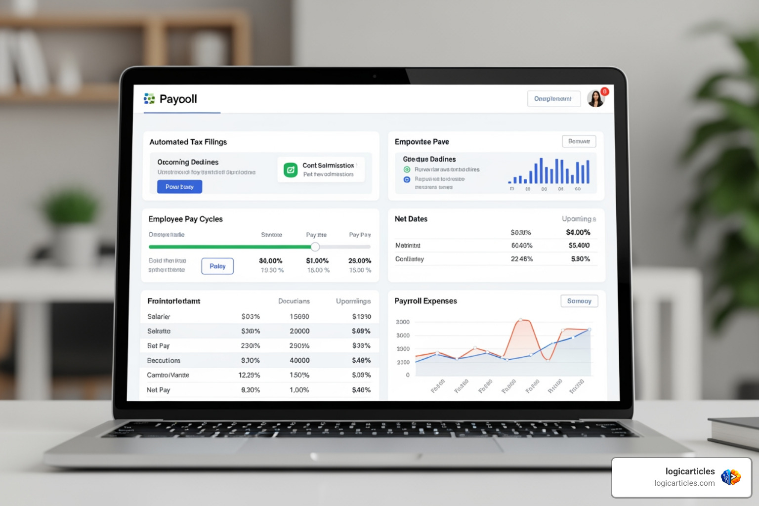 Digital payroll dashboard showing automated tax filings and employee pay cycles Digital payroll dashboard showing automated tax filings and employee pay cycles