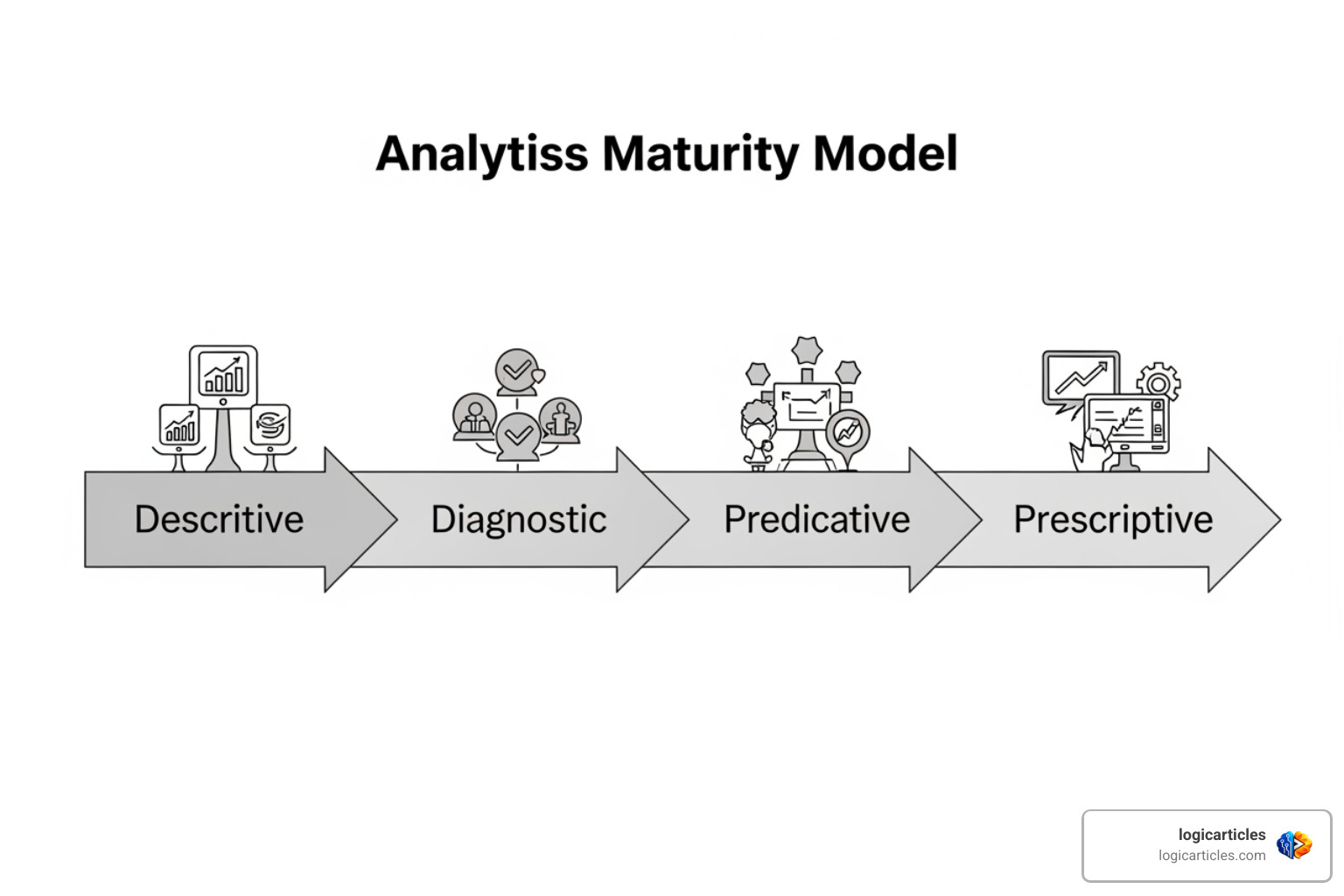 Four-stage analytics maturity model showing descriptive, diagnostic, predictive, and prescriptive stages
