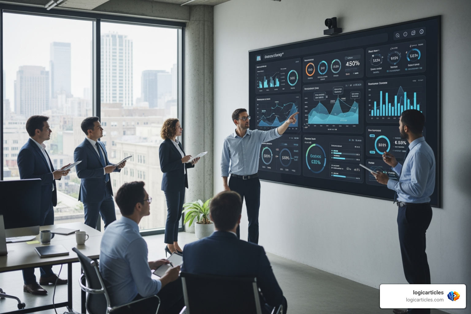AI-driven data dashboard showing real-time business metrics and predictive trends