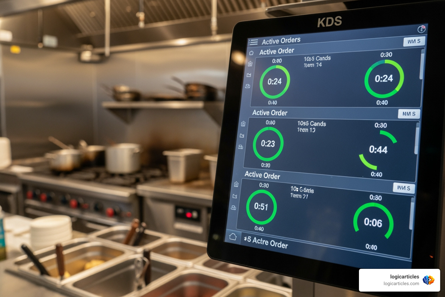 A digital kitchen display system (KDS) showing active orders with color-coded timers