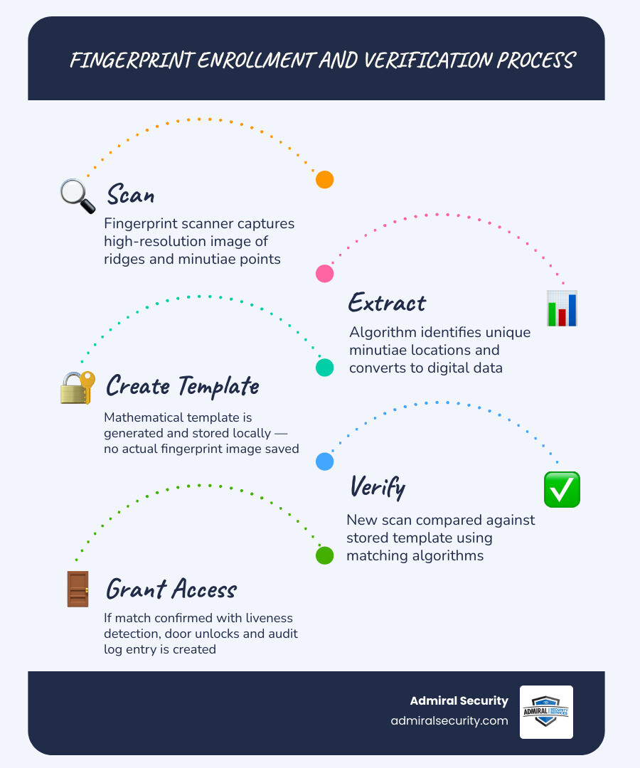 Infographic showing fingerprint enrollment steps, template matching, and verification outcomes for access control infographic