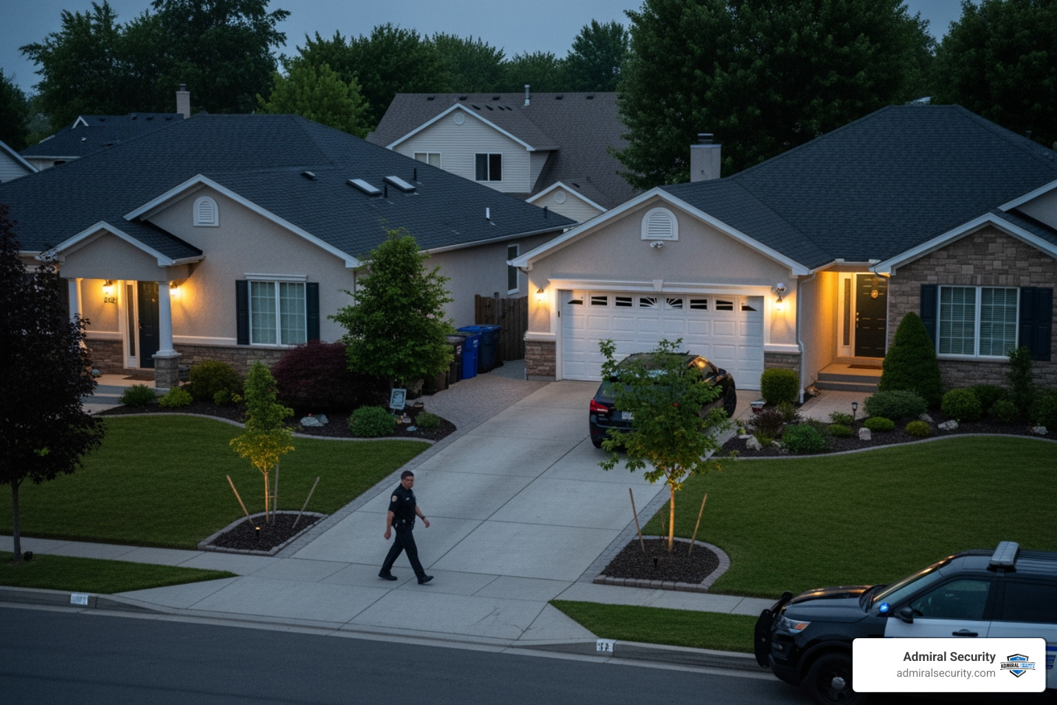 Secure residential property layout with professional security personnel with blurred badges