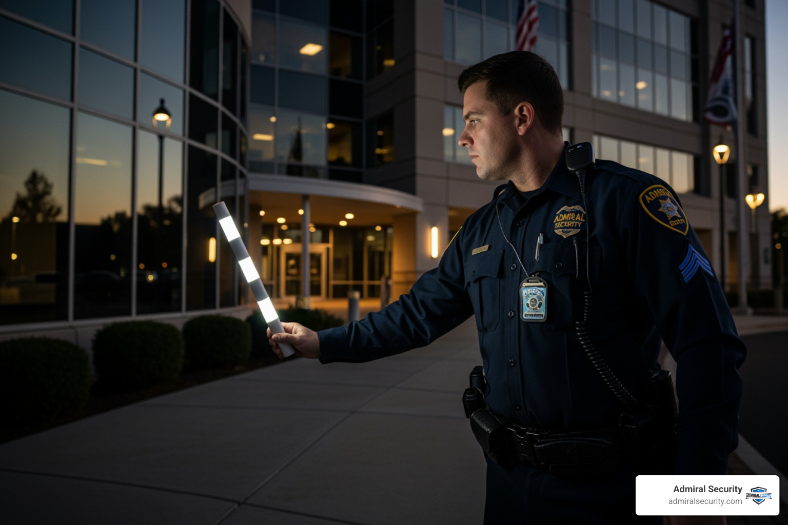 Security officer conducting a perimeter check with blurred badges