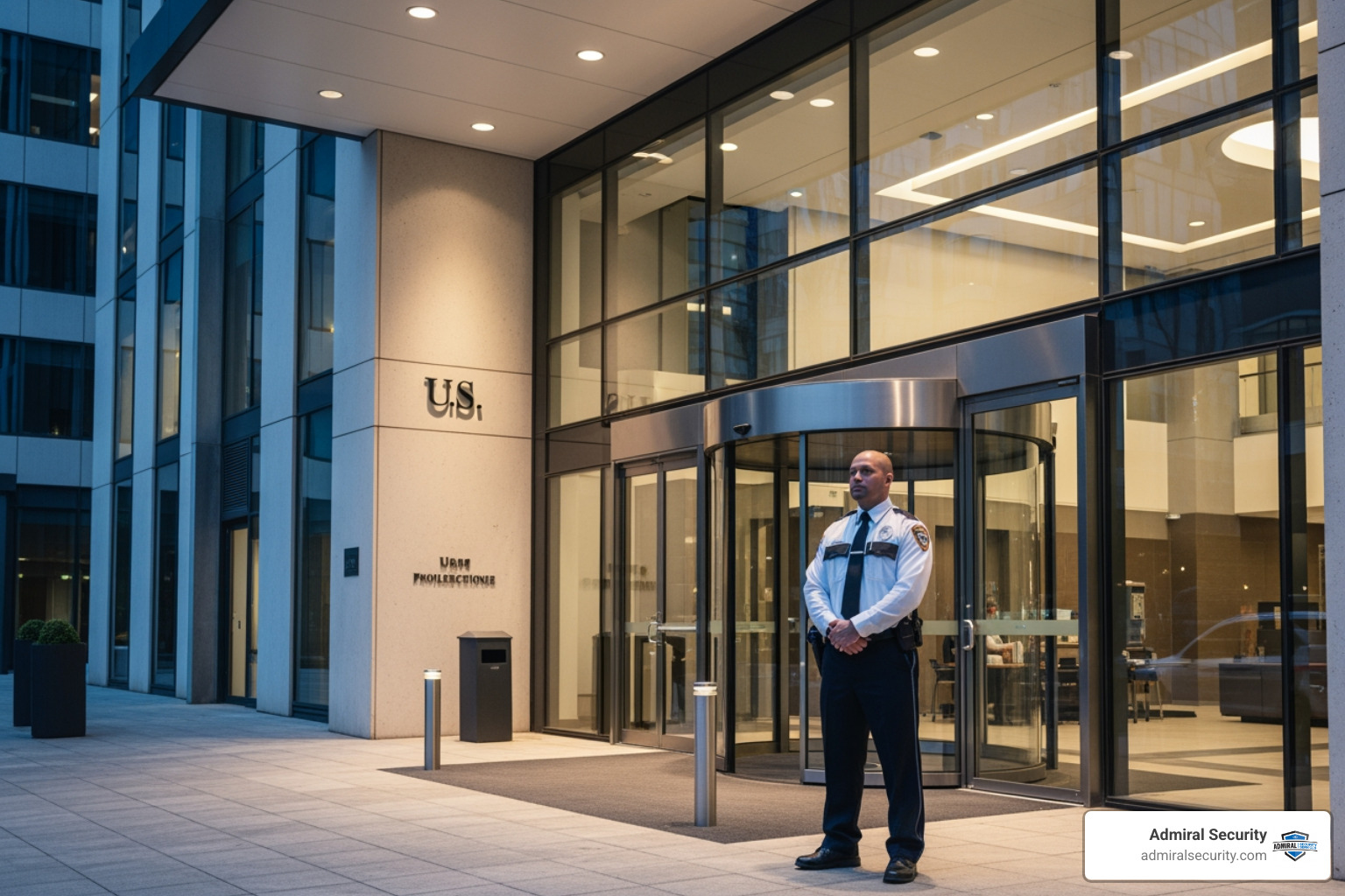 Modern office building with a visible security presence and blurred insignia