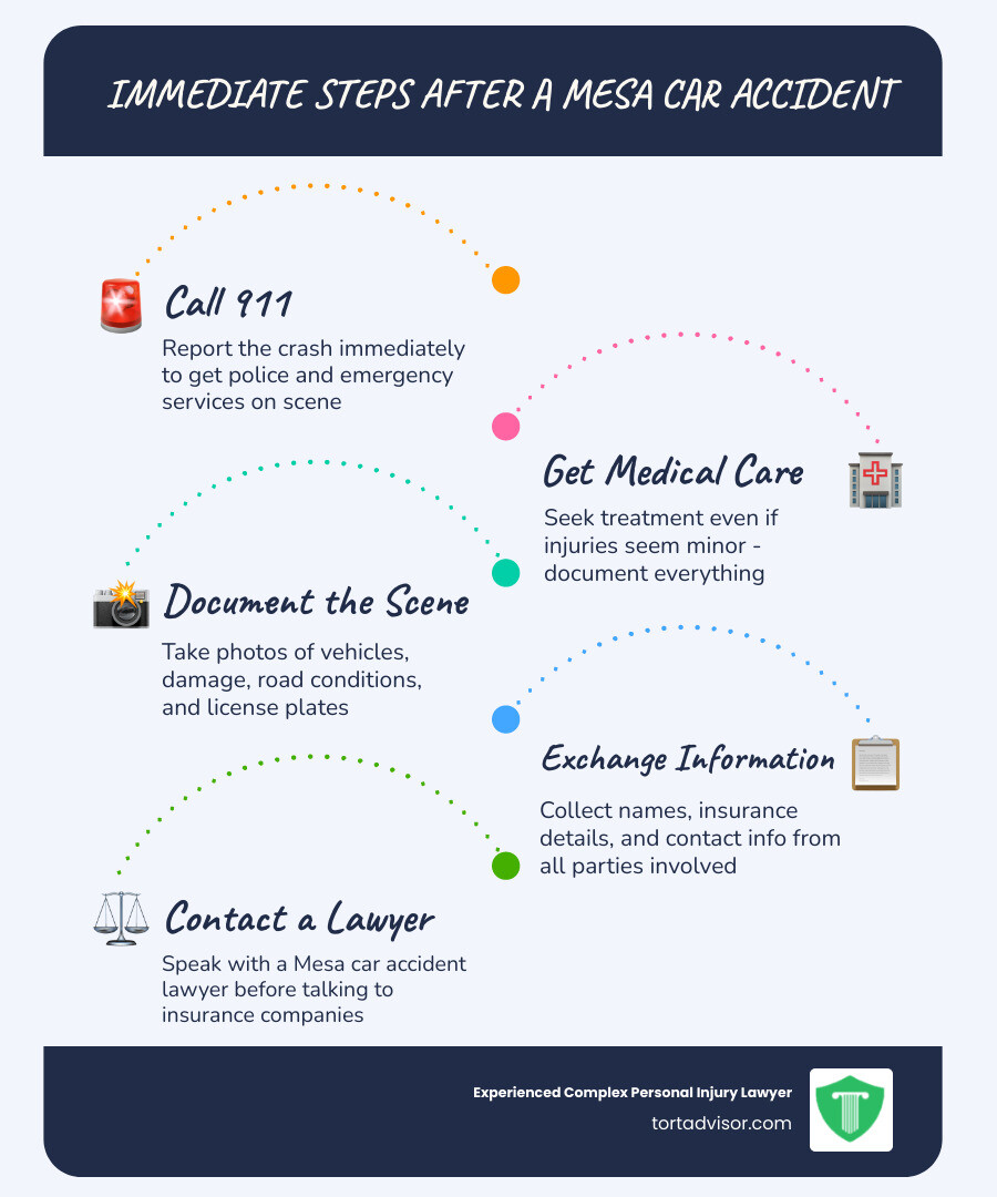 Infographic showing 5 immediate steps after a Mesa AZ car accident: call 911, get medical care, document scene, exchange Infographic showing 5 immediate steps after a Mesa AZ car accident: call 911, get medical care, document scene, exchange