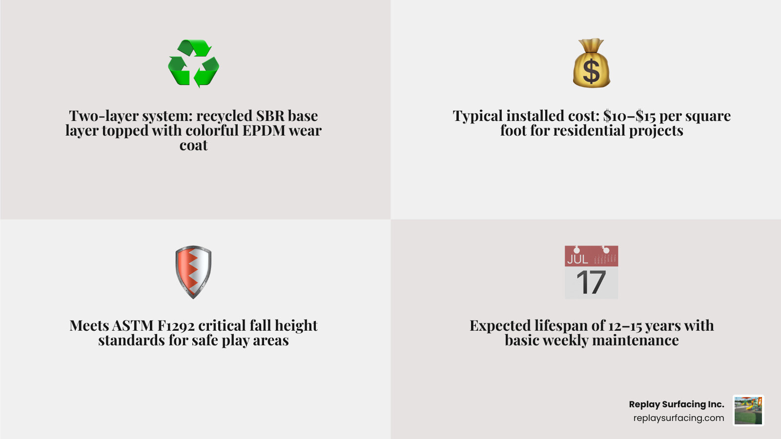 Two-layer poured-in-place rubber system: SBR base layer and EPDM wear layer with cost and safety specs infographic