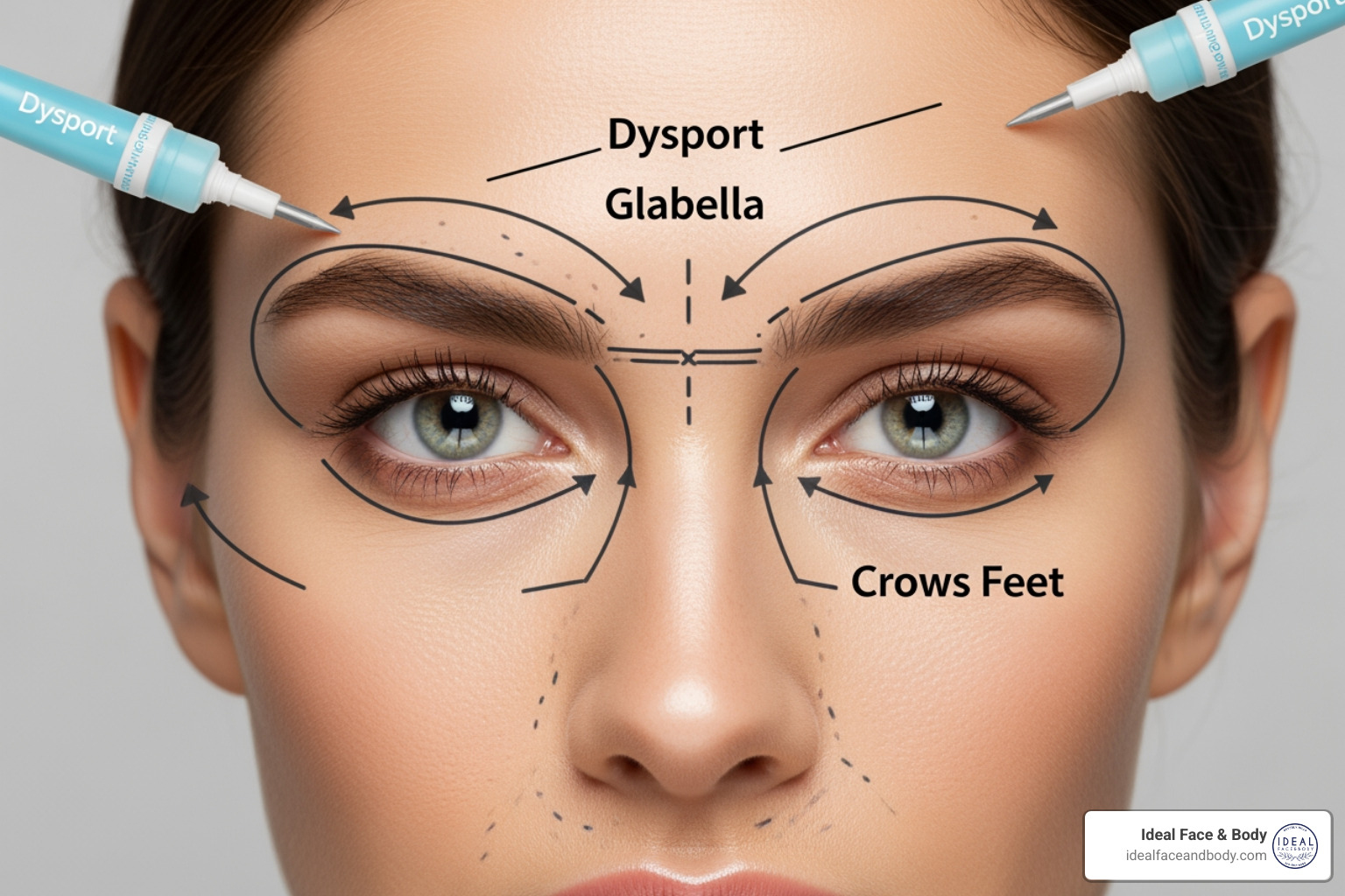 Facial map showing injection points for Dysport in the forehead, glabella, and crow's feet Facial map showing injection points for Dysport in the forehead, glabella, and crow's feet