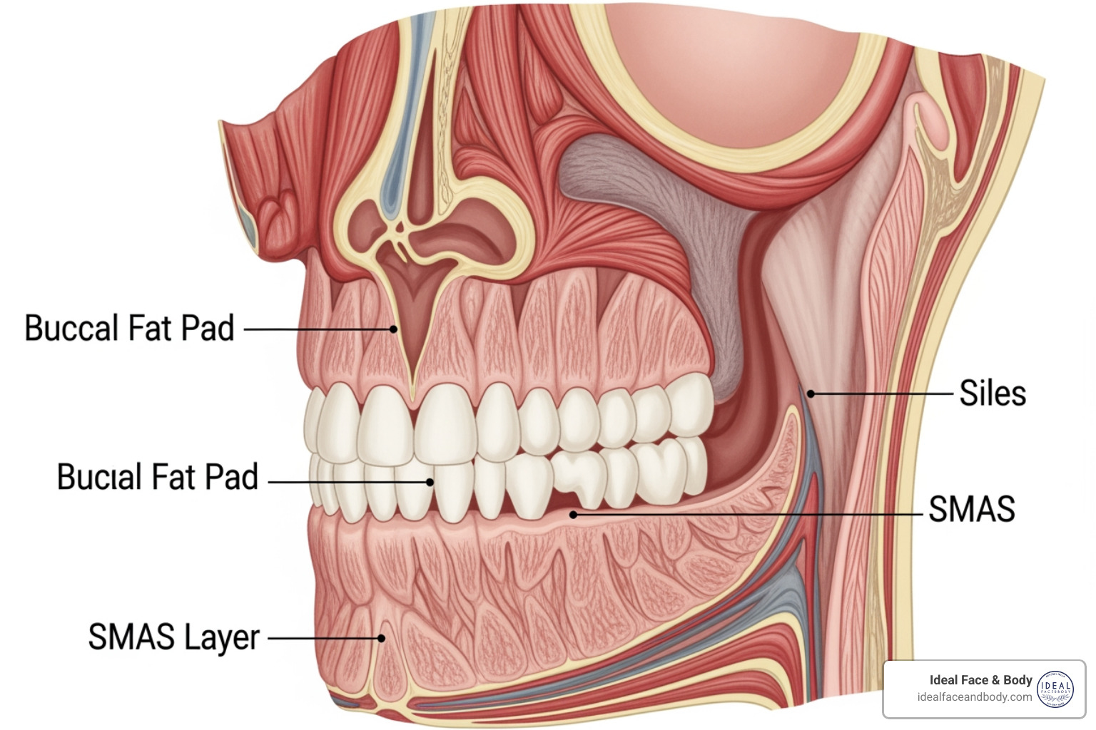 Diagram of mid-face anatomy showing the buccal fat pad and SMAS layer Diagram of mid-face anatomy showing the buccal fat pad and SMAS layer