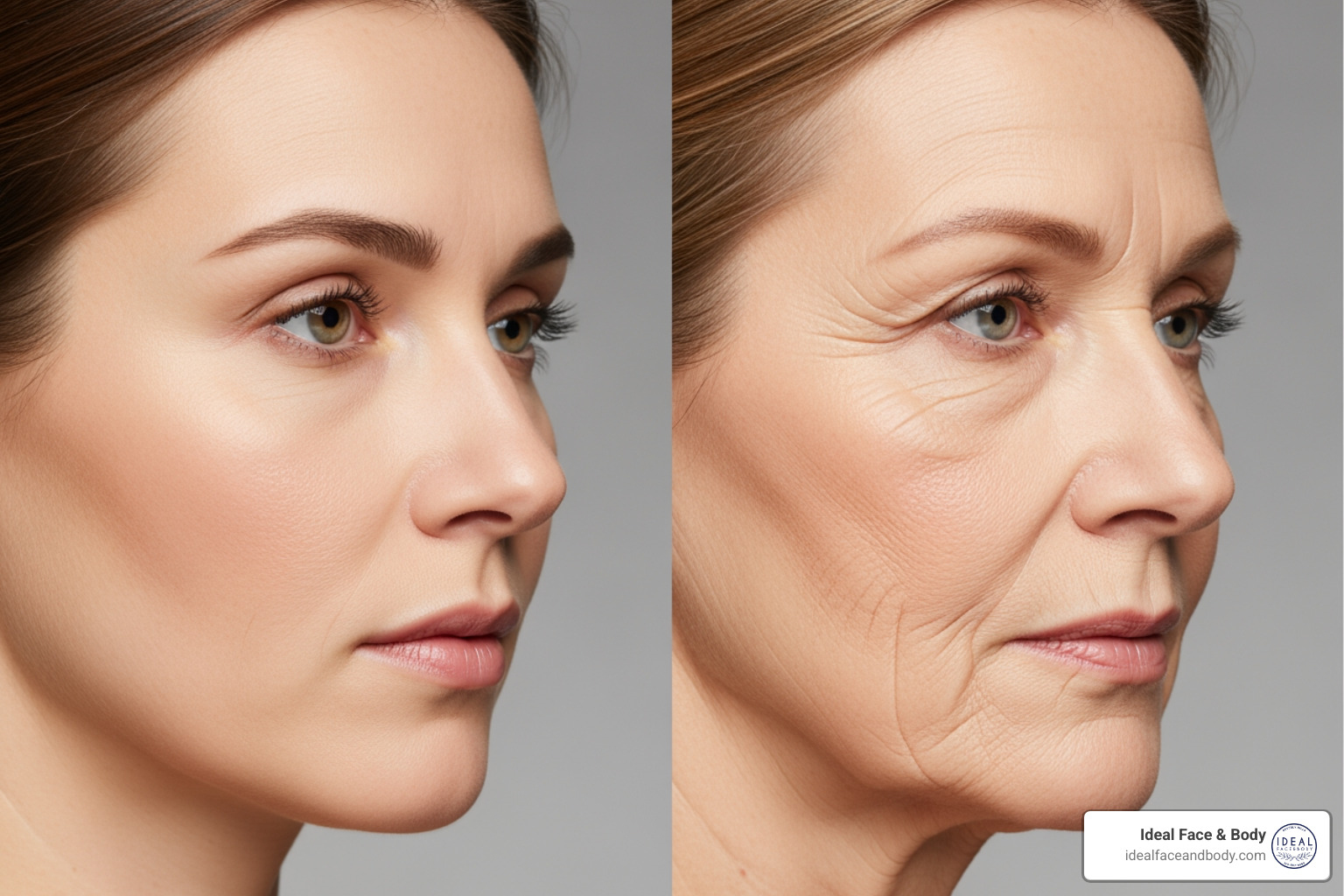 Visual representation of the facial aging process showing fat pad migration and skin laxity Visual representation of the facial aging process showing fat pad migration and skin laxity