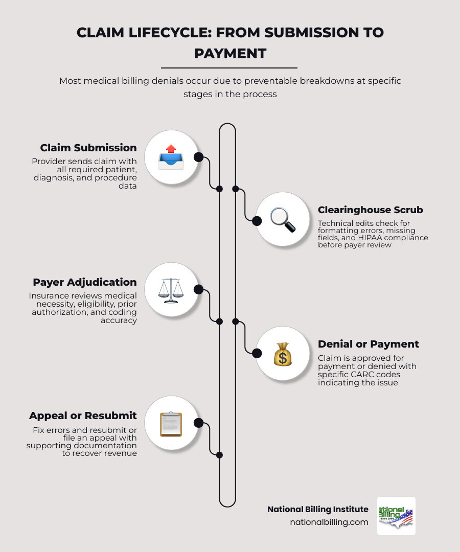 Infographic showing path from claim submission to denial or payment with top denial reasons infographic Infographic showing path from claim submission to denial or payment with top denial reasons infographic