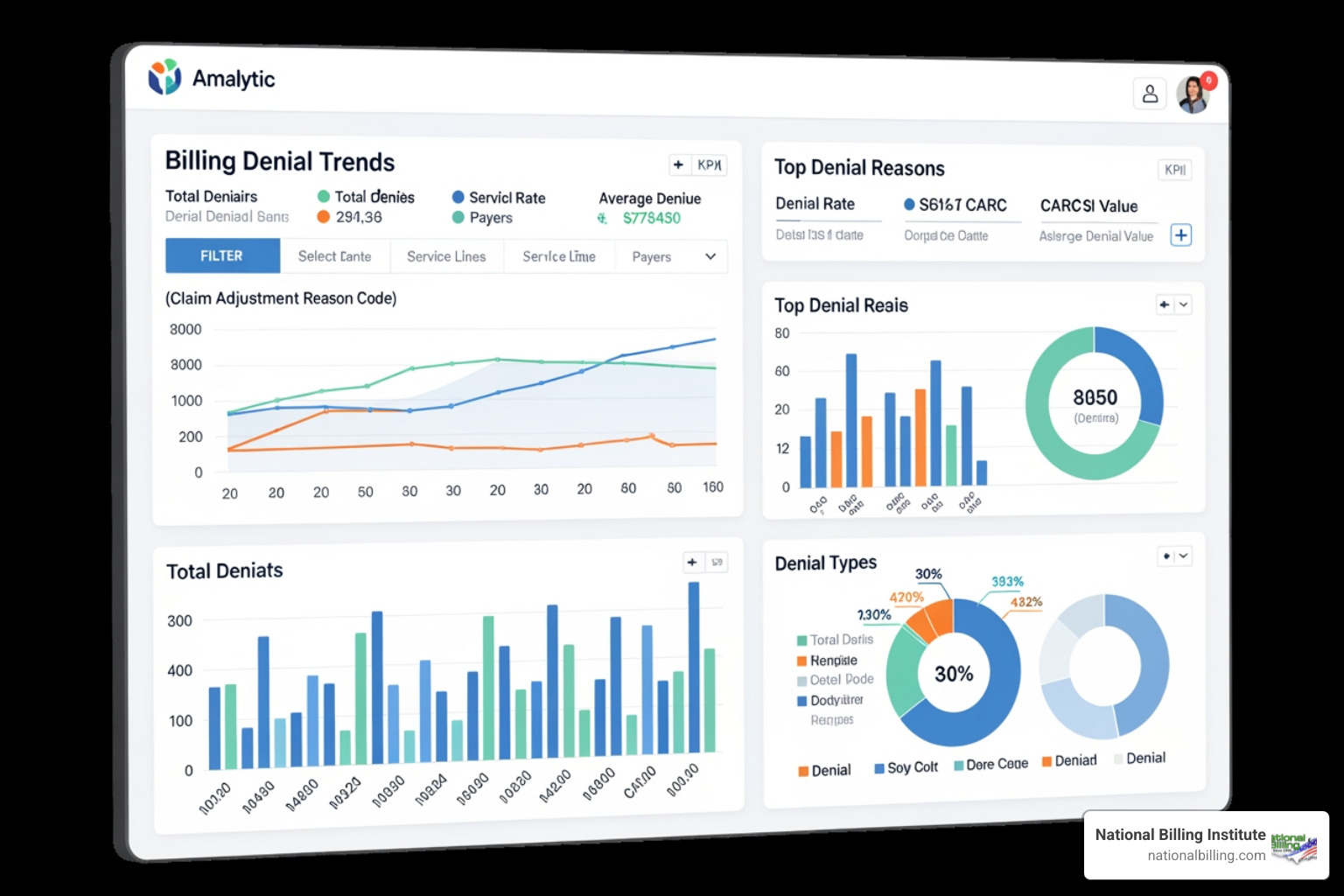 Dashboard showing common CARC codes and denial trends Dashboard showing common CARC codes and denial trends