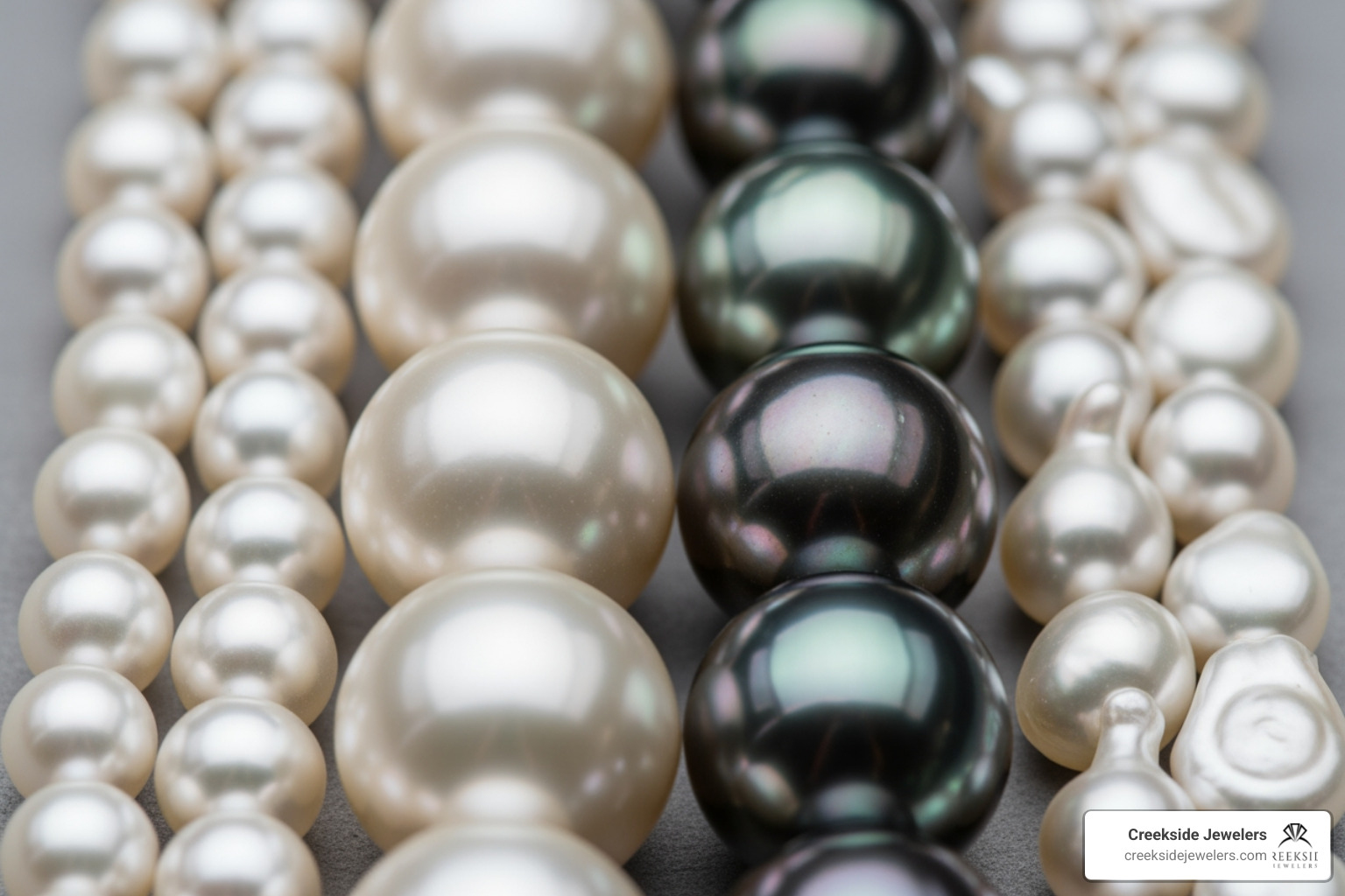 Comparison of Akoya, South Sea, Tahitian, and Freshwater pearl types showing differences in size and color