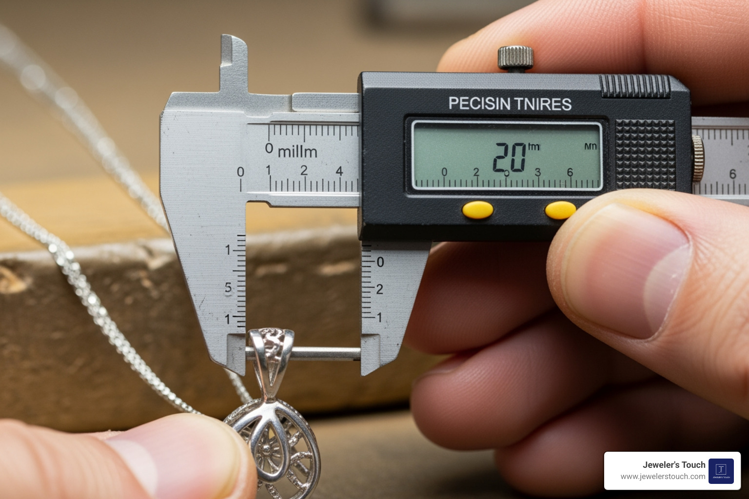 Close-up image showing how to measure a pendant bail with a millimeter gauge Close-up image showing how to measure a pendant bail with a millimeter gauge
