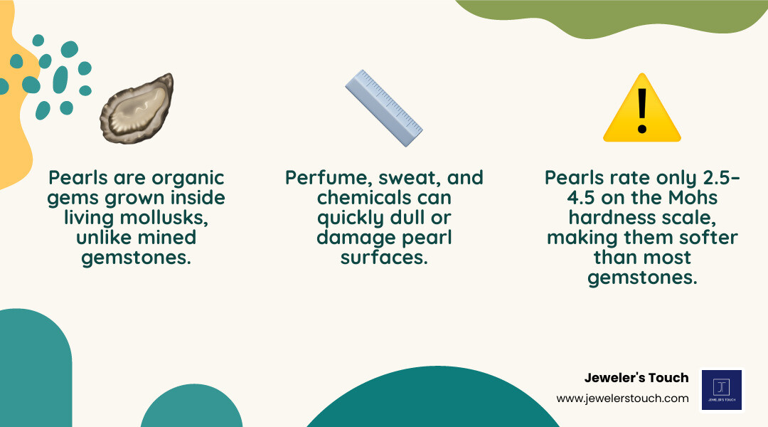 Infographic explaining pearl vulnerability, Mohs scale, care tips, and 14k gold durability infographic Infographic explaining pearl vulnerability, Mohs scale, care tips, and 14k gold durability infographic