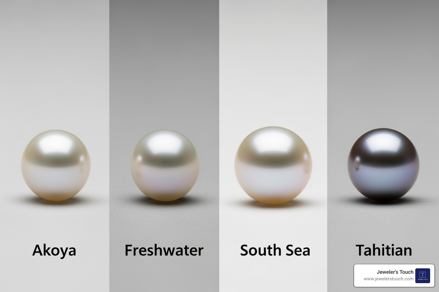 Visual comparison of Akoya, Freshwater, South Sea, and Tahitian pearls Visual comparison of Akoya, Freshwater, South Sea, and Tahitian pearls