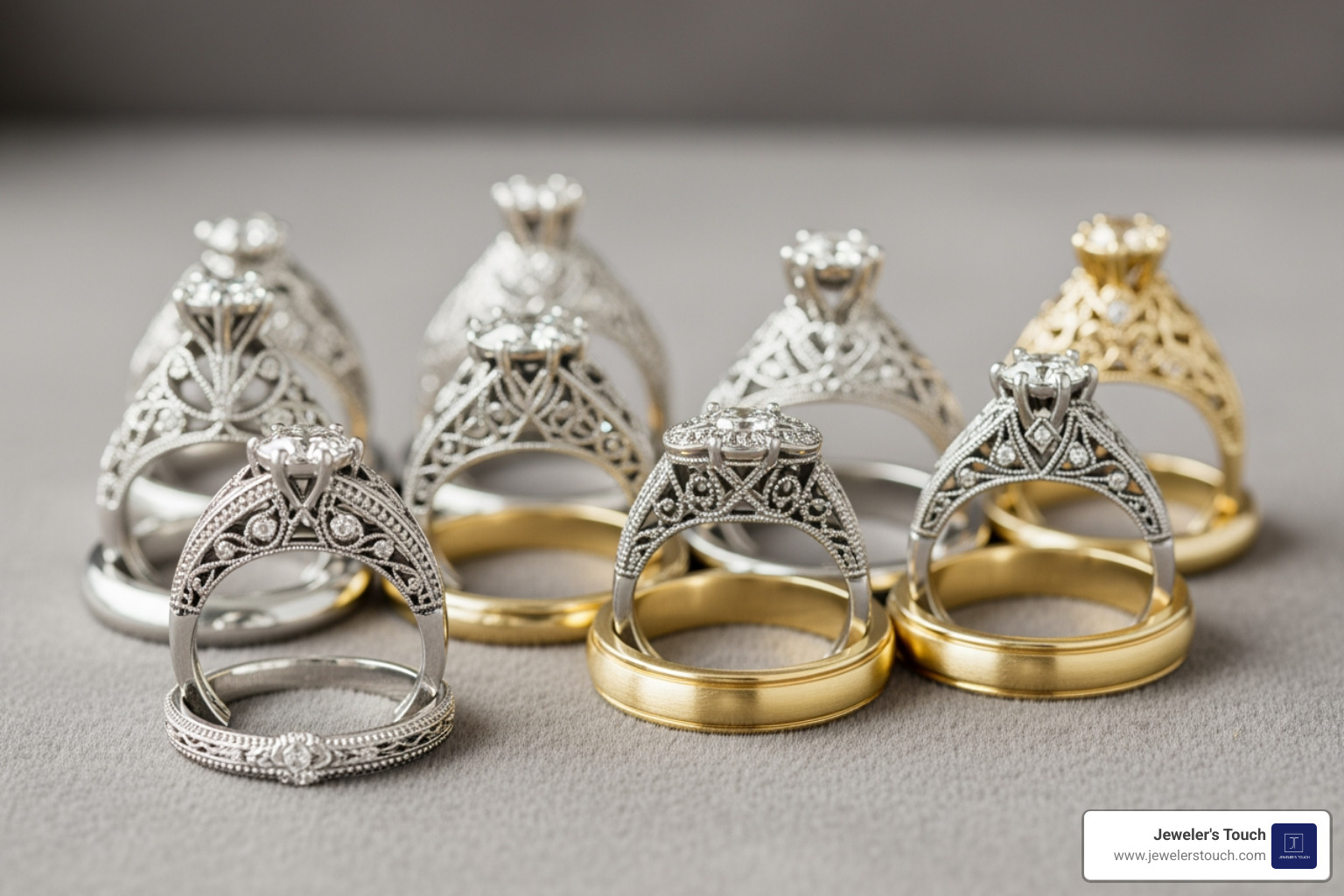 A collection of 1920s style wedding rings including platinum filigree and yellow gold bands