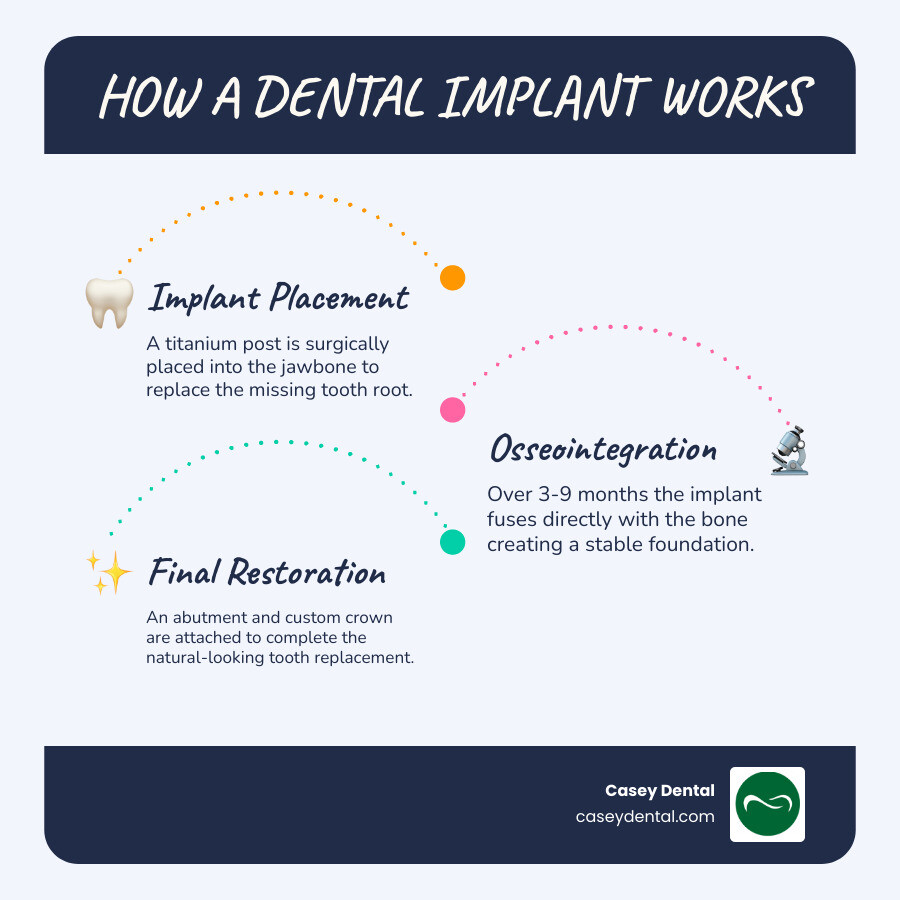 Dental implant anatomy infographic showing post, abutment, and crown components infographic