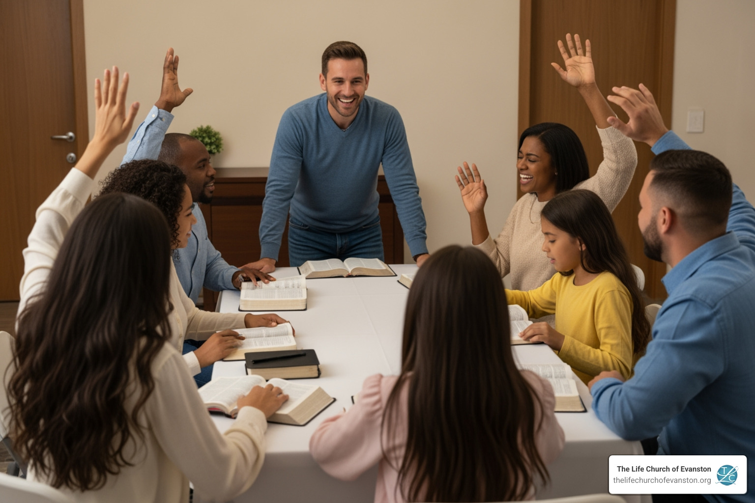 Apostolic teacher leading a small group bible study class with open bibles and joyful expressions Apostolic teacher leading a small group bible study class with open bibles and joyful expressions