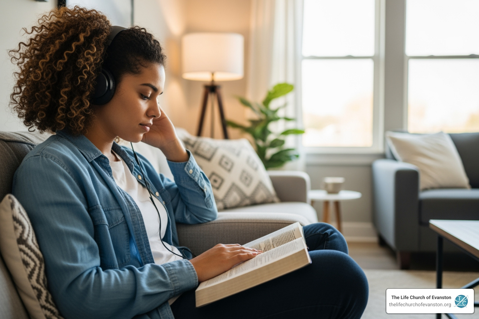 Person listening to a spiritual podcast while studying the Word of God in a quiet setting