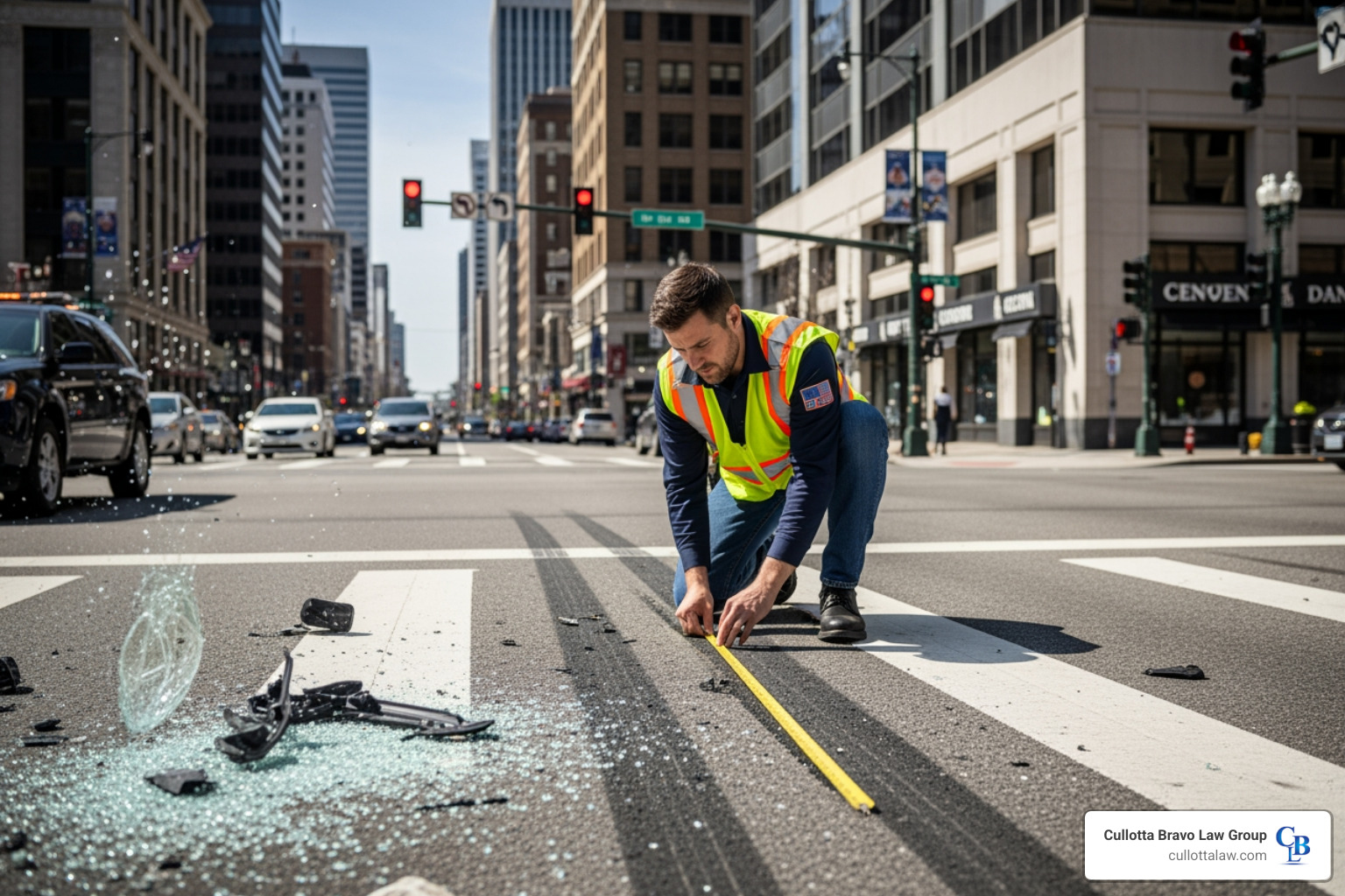 An accident reconstruction specialist measuring skid marks at an intersection scene