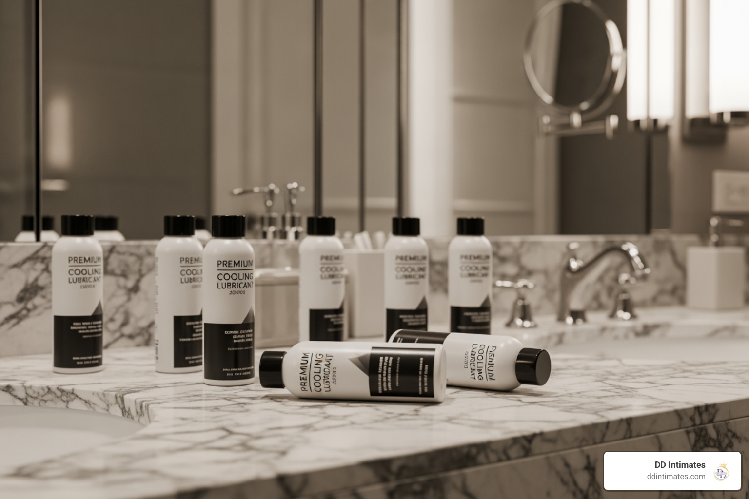 A collection of premium cooling lubricant bottles on a vanity A collection of premium cooling lubricant bottles on a vanity
