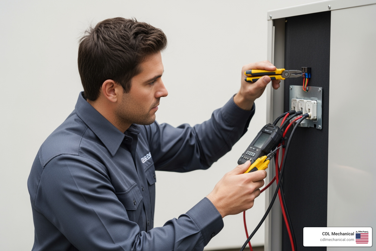 Technician in a clean uniform inspecting electrical connections on an outdoor HVAC unit with professional diagnostic tools