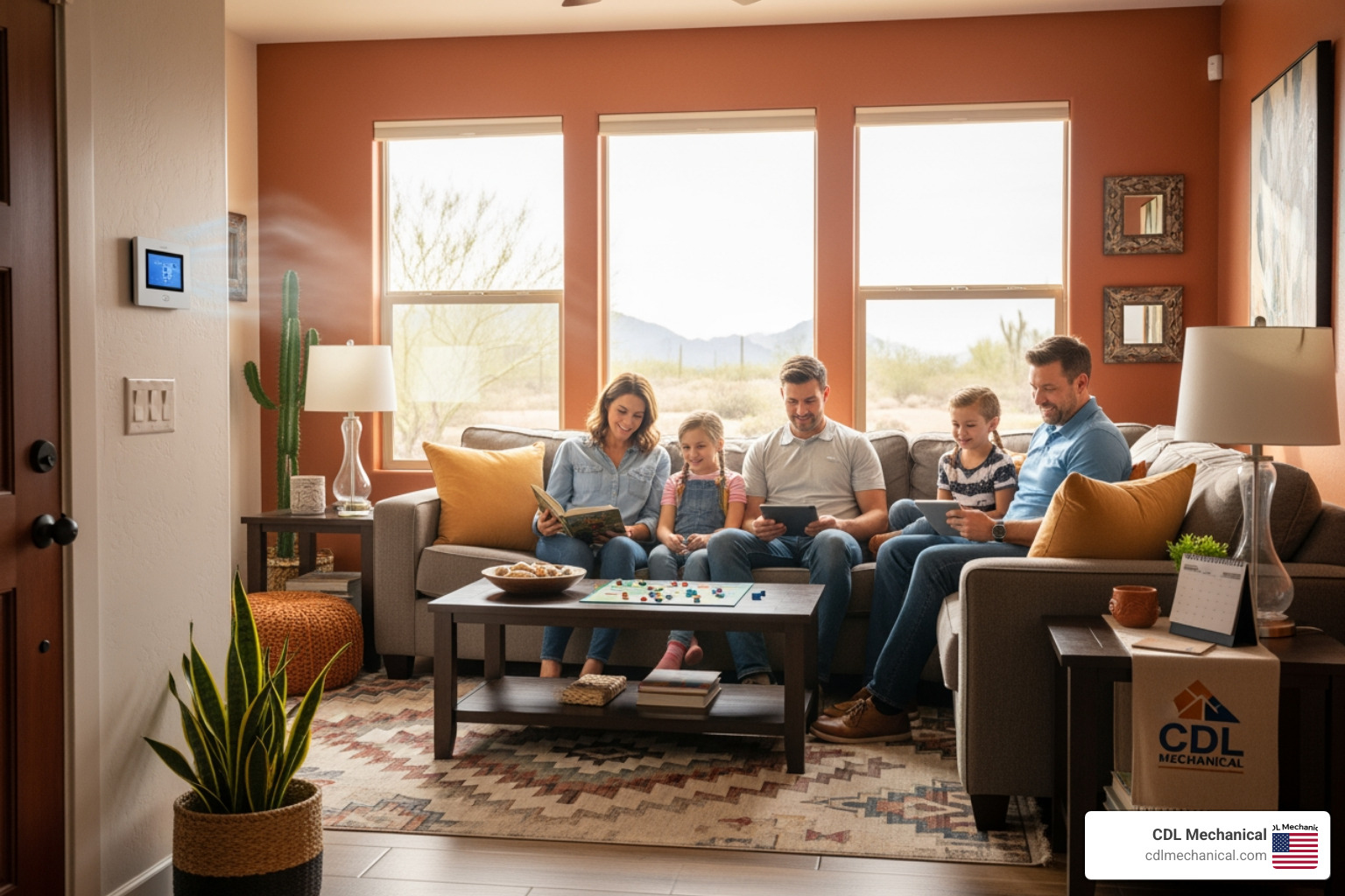 A comfortable Arizona living room with a family relaxing, showing the peace of mind provided by a reliable HVAC system