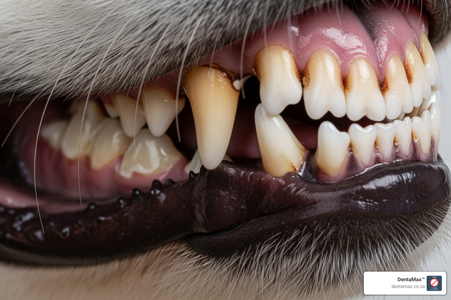 Difference between soft yellow plaque and hard brown tartar on a dog's teeth