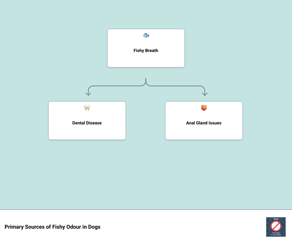Infographic showing primary sources of fishy odour in dogs including mouth, anal glands, skin, urinary tract and diet