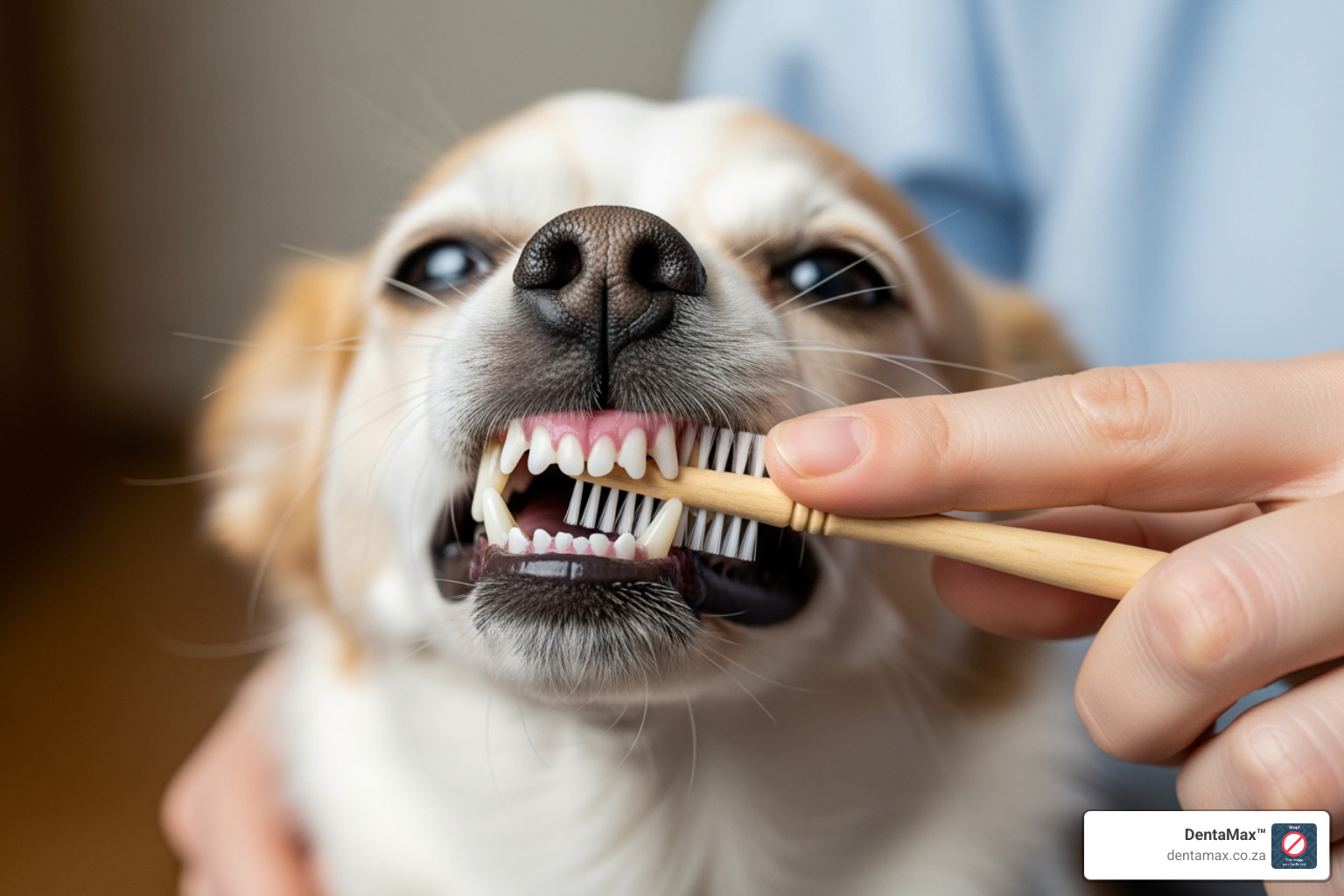 Dog getting its teeth cleaned with a natural finger brush