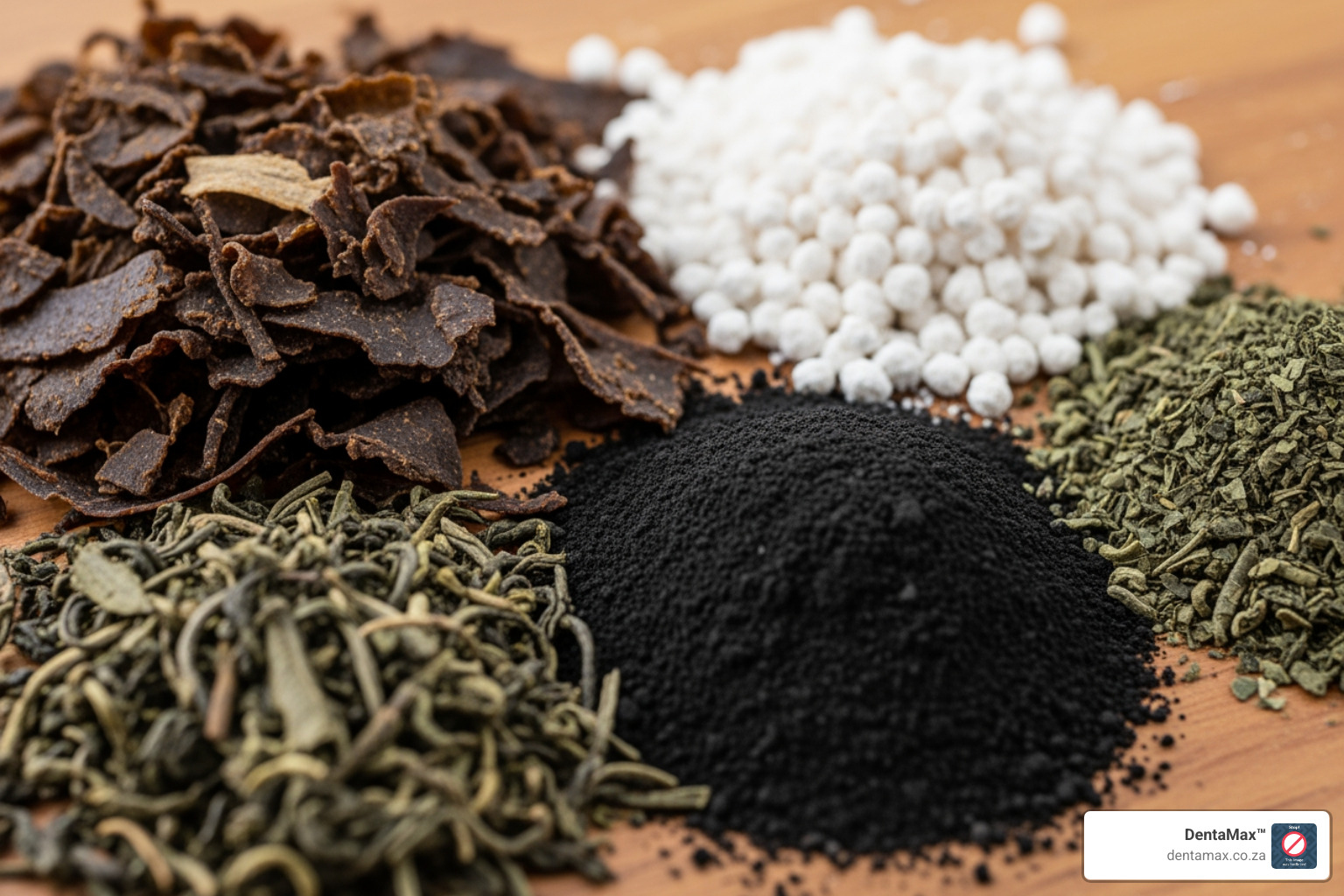 Ingredients found in dog dental powder: seaweed, charcoal, probiotics and green tea