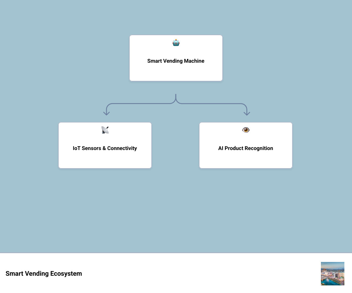 Smart vending ecosystem infographic showing IoT connectivity AI recognition cashless payments and remote management