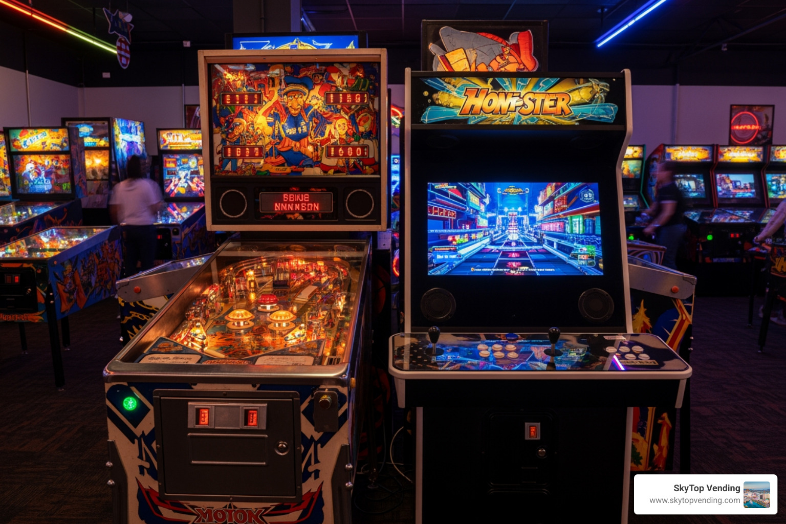 A vintage pinball machine next to a modern digital arcade cabinet showing the evolution of amusement tech A vintage pinball machine next to a modern digital arcade cabinet showing the evolution of amusement tech