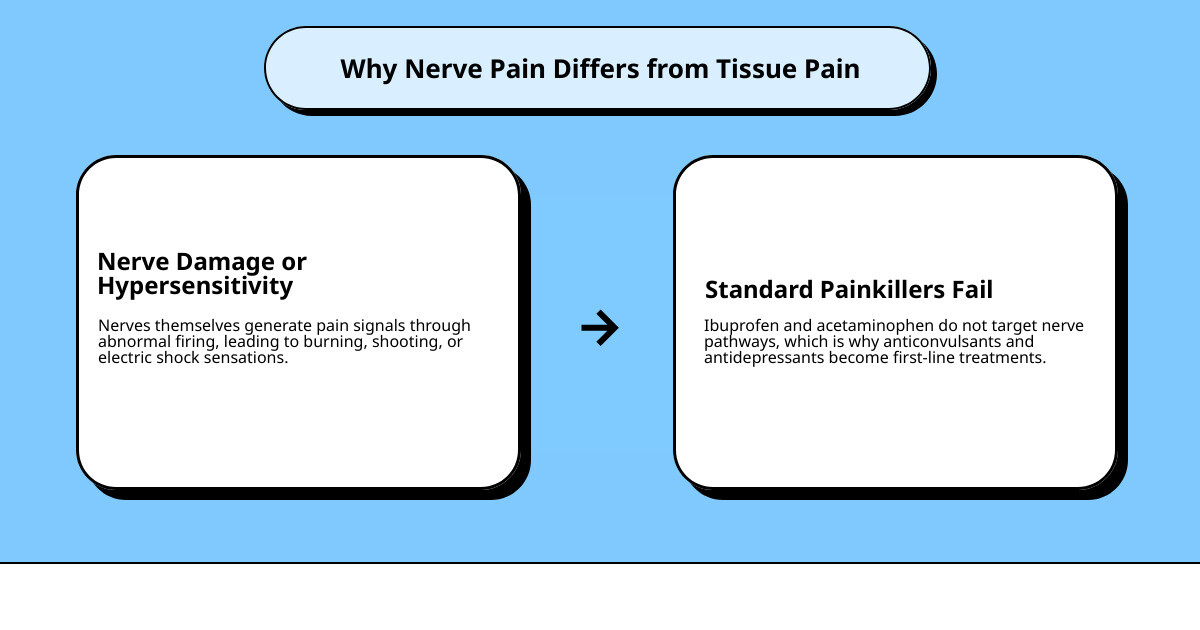 Infographic comparing tissue damage pain vs nerve-source pain and top medication categories infographic