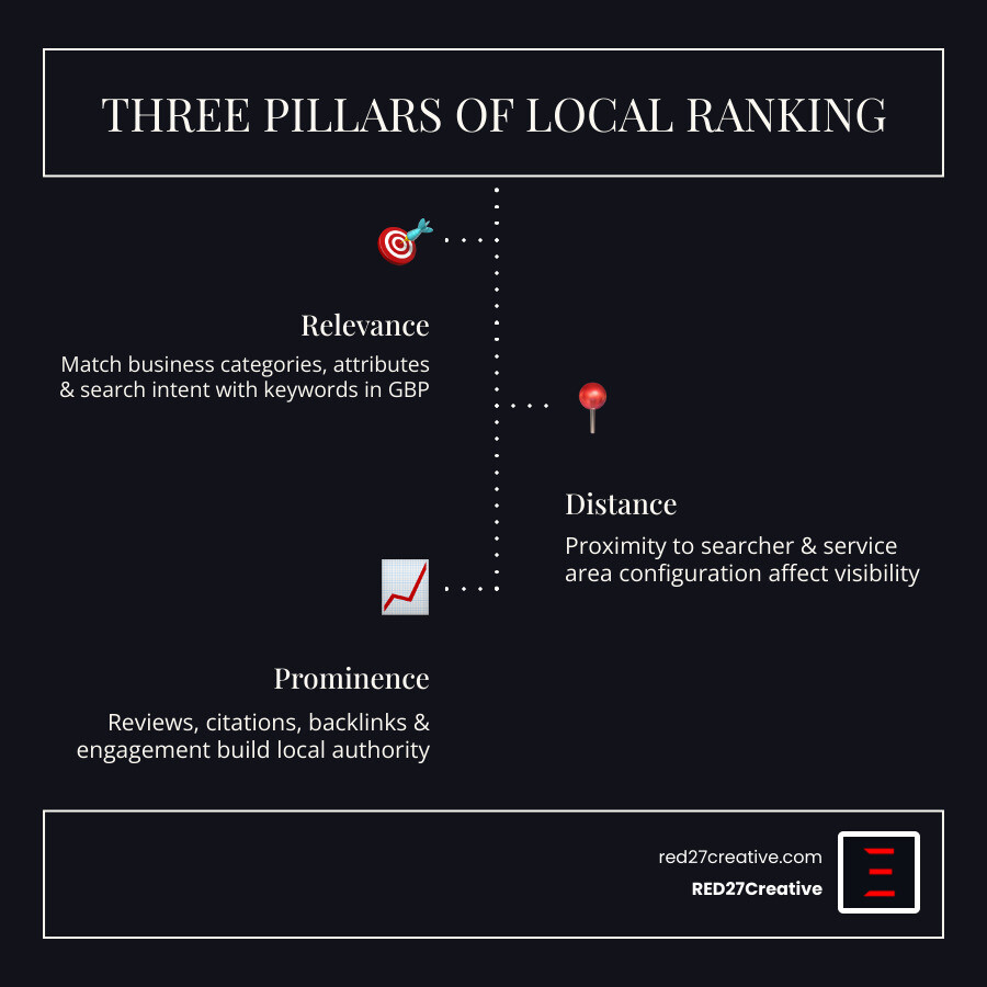 Infographic showing three pillars of local ranking: Relevance, Distance, and Prominence with key signals for each infographic Infographic showing three pillars of local ranking: Relevance, Distance, and Prominence with key signals for each infographic