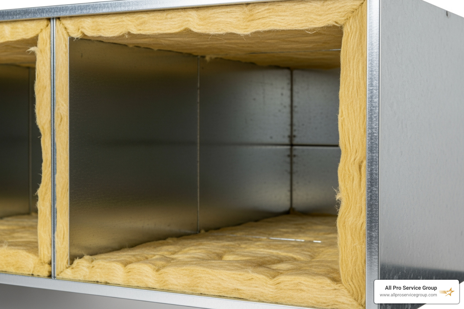Insulated sheet metal plenum showing internal fiberglass lining