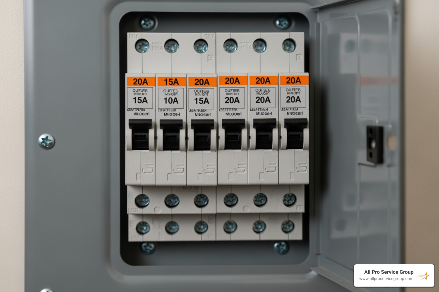 Residential circuit breaker panel with labeled 15A and 20A breakers Residential circuit breaker panel with labeled 15A and 20A breakers
