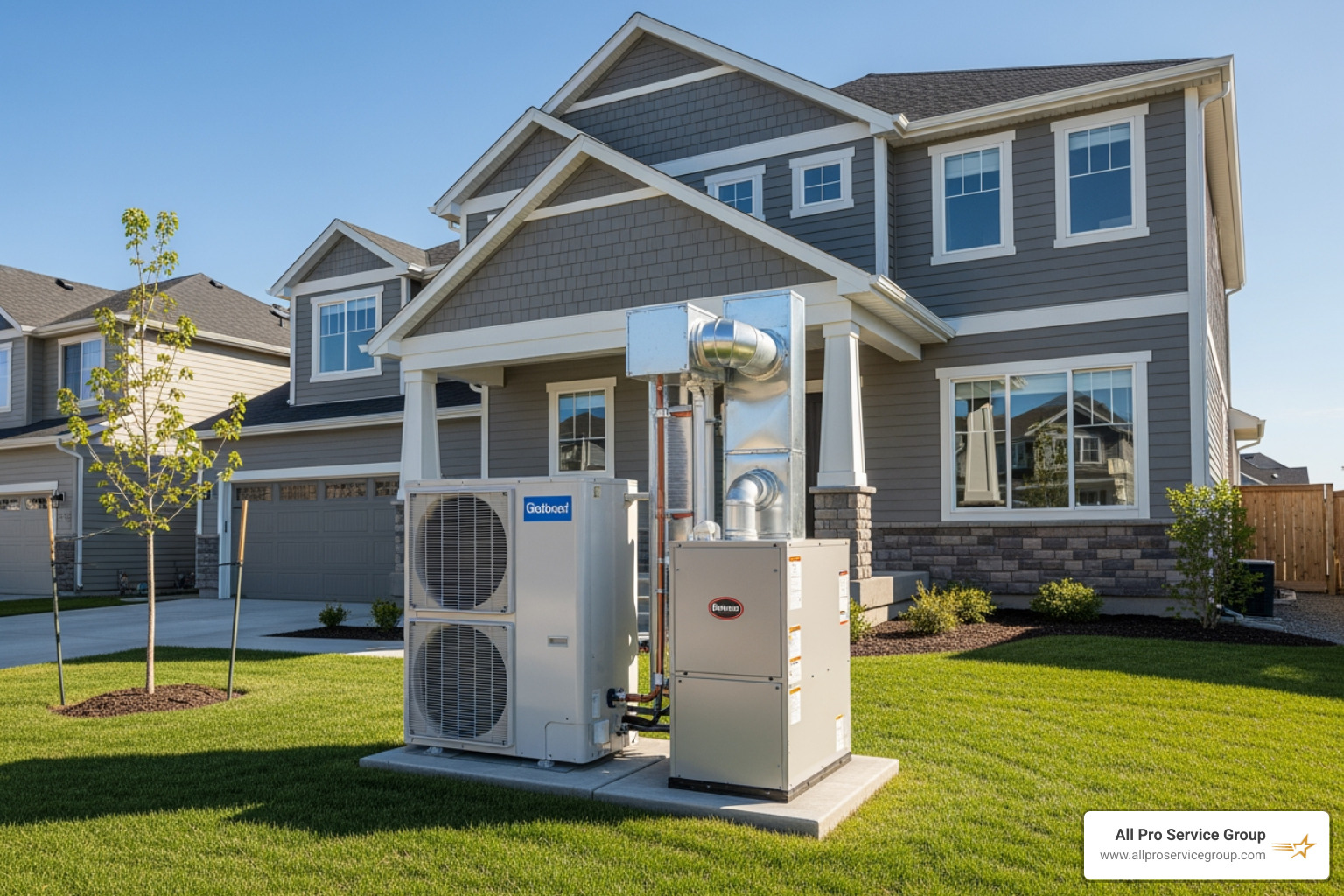 A dual-fuel hybrid HVAC setup featuring an outdoor heat pump and an indoor gas furnace for maximum efficiency A dual-fuel hybrid HVAC setup featuring an outdoor heat pump and an indoor gas furnace for maximum efficiency