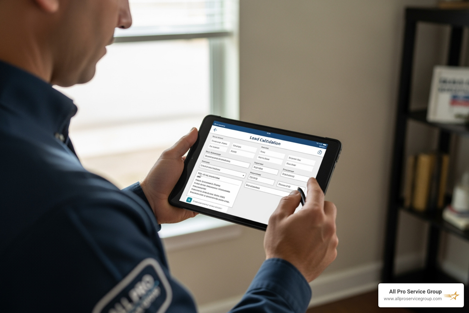 HVAC technician performing a Manual J load calculation on a tablet to ensure proper system sizing HVAC technician performing a Manual J load calculation on a tablet to ensure proper system sizing
