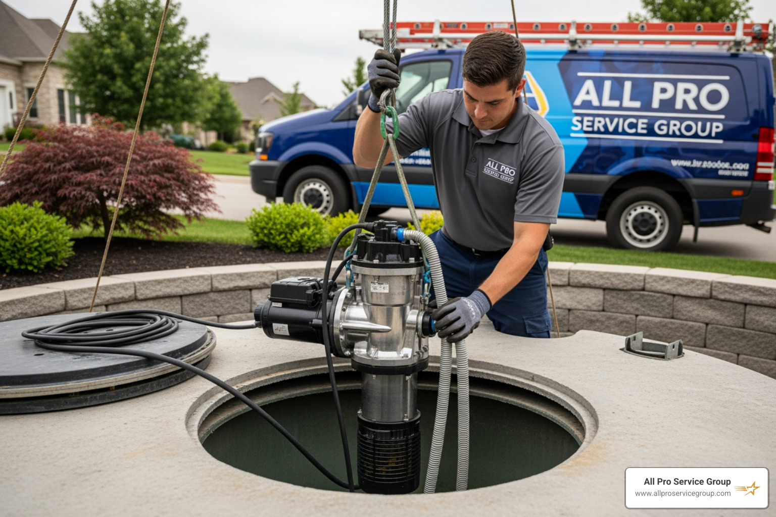 new submersible septic pump being lowered into a tank