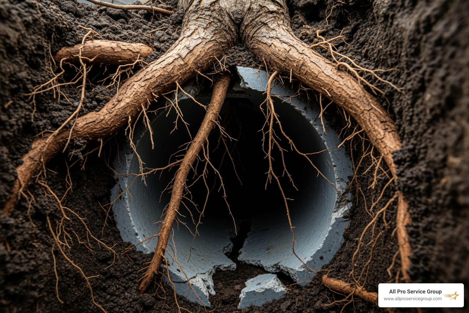 tree roots invading a sewer line pipe underground
