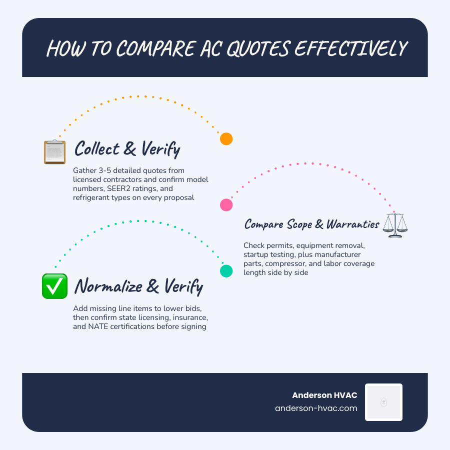 Step-by-step infographic showing how to compare AC quotes: collect quotes, verify specs, check scope, compare warranties Step-by-step infographic showing how to compare AC quotes: collect quotes, verify specs, check scope, compare warranties