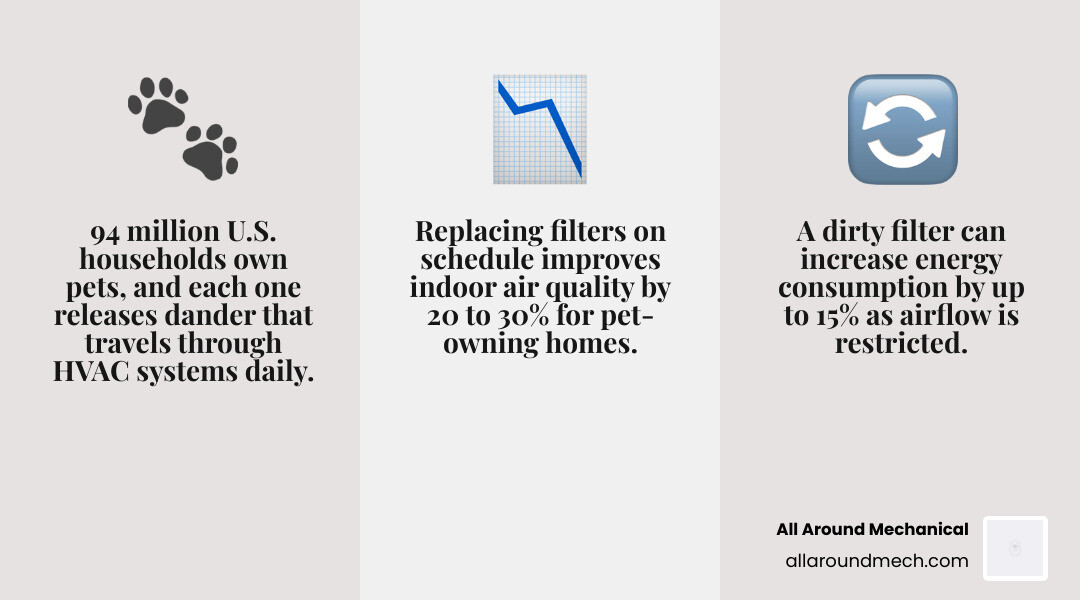 Infographic showing the cycle of pet dander through an HVAC system and how it shortens filter life by household type Infographic showing the cycle of pet dander through an HVAC system and how it shortens filter life by household type