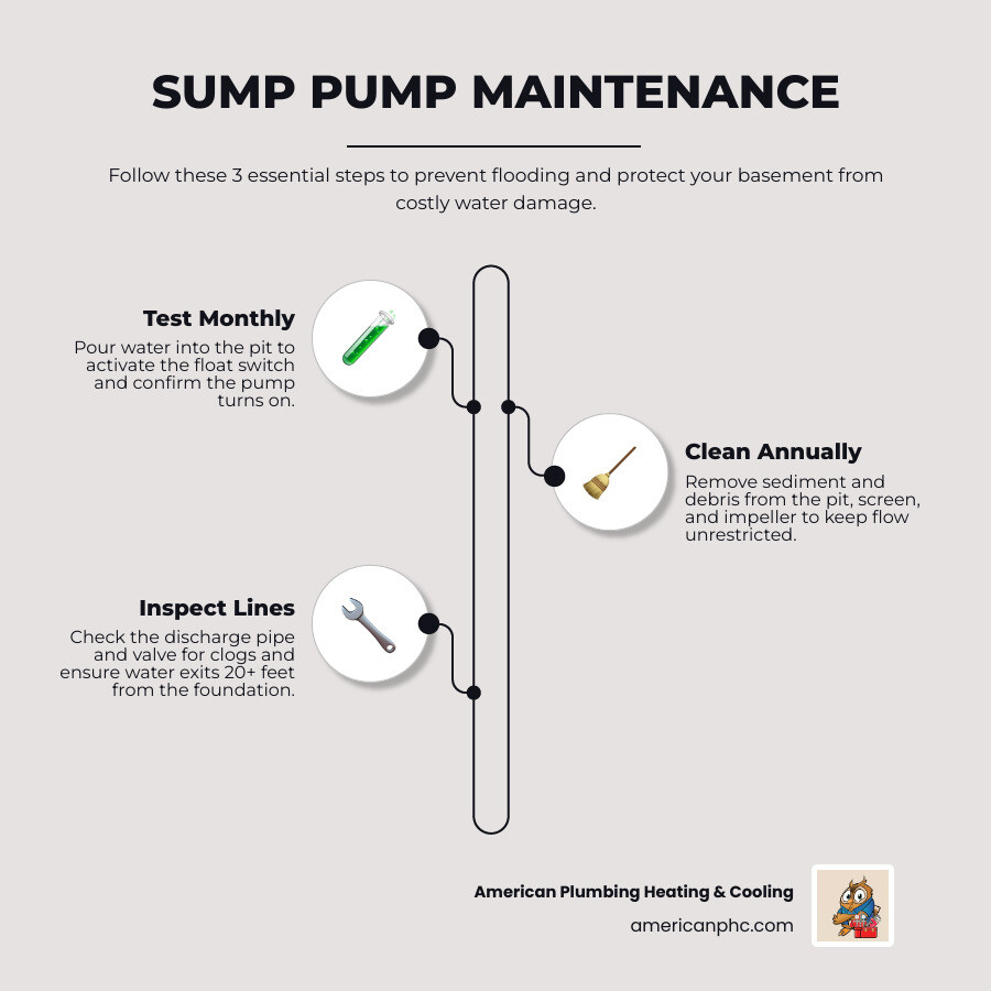 Sump pump maintenance checklist infographic: float switch, pit cleaning, discharge line, battery backup, and replacement